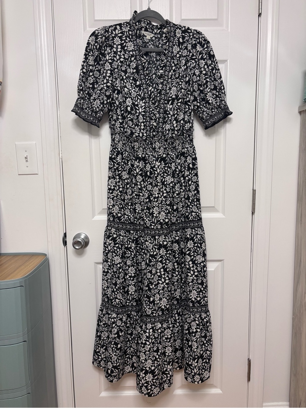 Max Studio Black & White Floral Smocked Maxi Dress